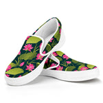 Hot Pink Lotus Pattern Print White Slip On Shoes