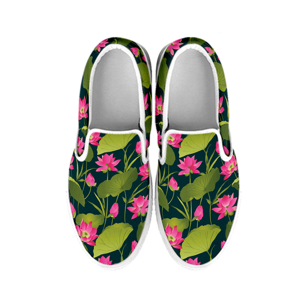 Hot Pink Lotus Pattern Print White Slip On Shoes