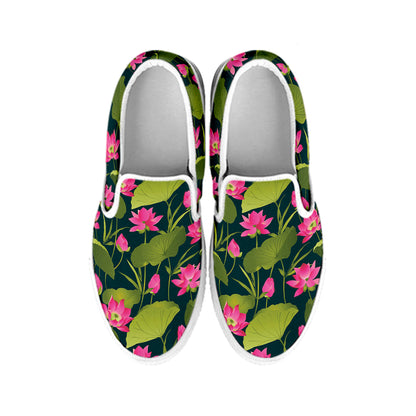 Hot Pink Lotus Pattern Print White Slip On Shoes