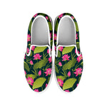Hot Pink Lotus Pattern Print White Slip On Shoes