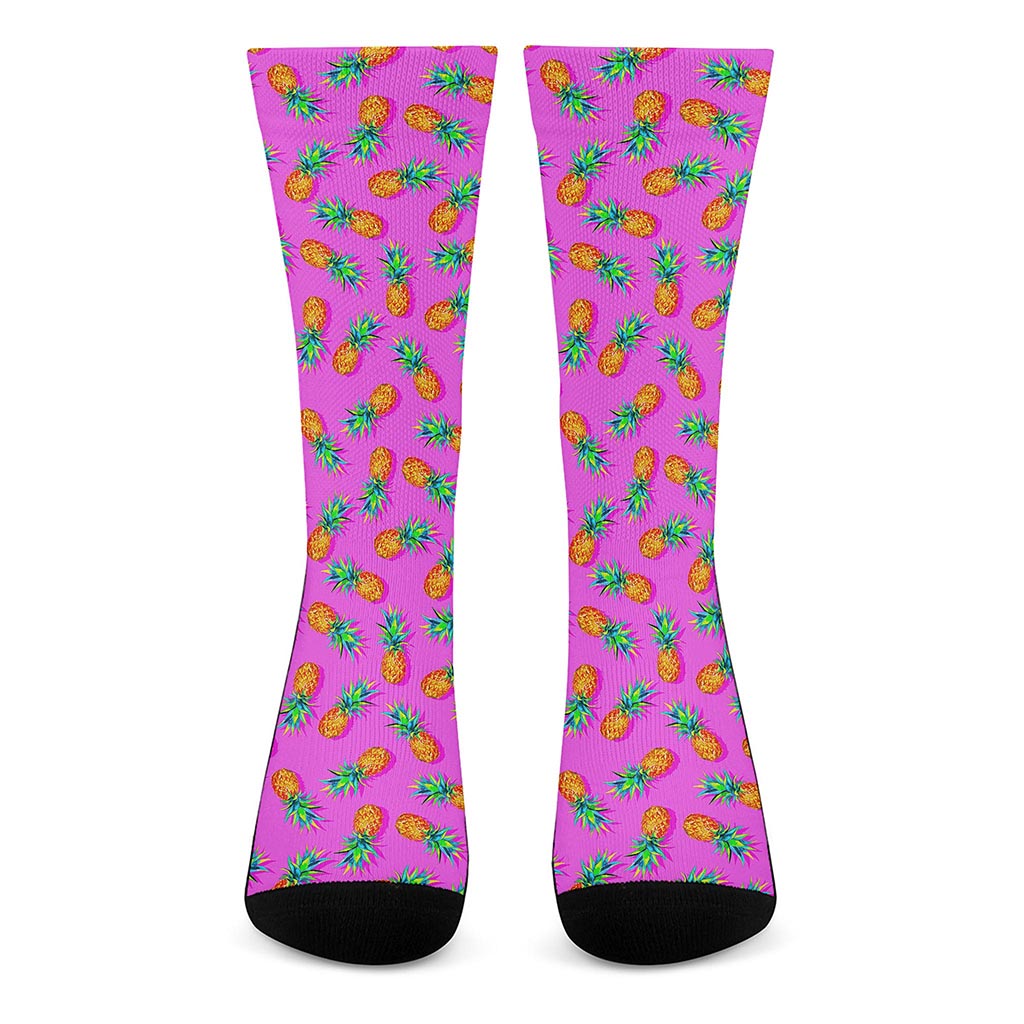 Hot Pink Pineapple Pattern Print Crew Socks