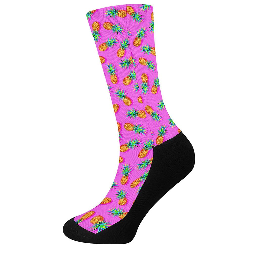 Hot Pink Pineapple Pattern Print Crew Socks