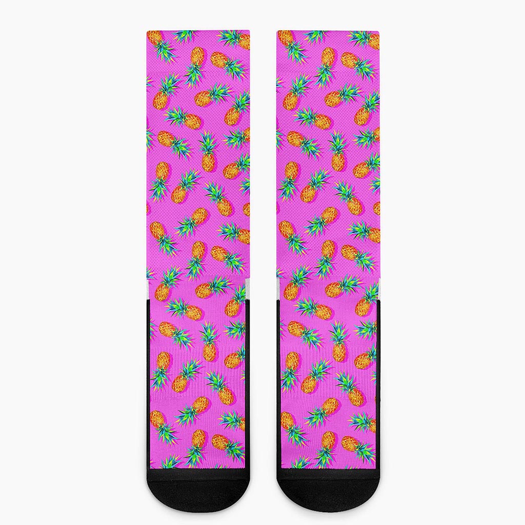 Hot Pink Pineapple Pattern Print Crew Socks