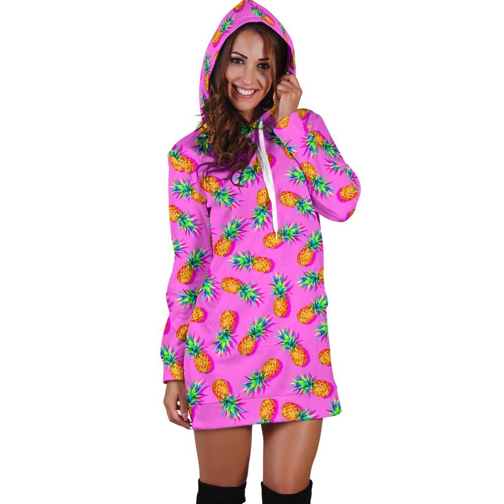 Hot Pink Pineapple Pattern Print Hoodie Dress GearFrost