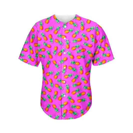 Hot Pink Pineapple Pattern Print Men's Baseball Jersey