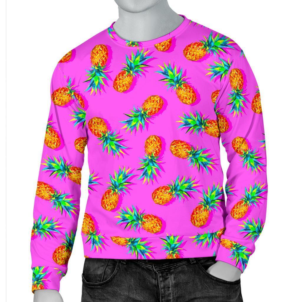 Hot Pink Pineapple Pattern Print Men's Crewneck Sweatshirt GearFrost