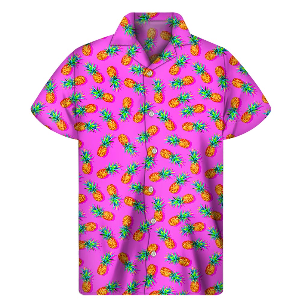 Hot Pink Pineapple Pattern Print Men's Short Sleeve Shirt