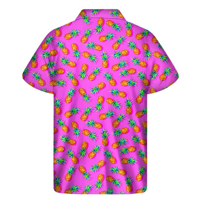 Hot Pink Pineapple Pattern Print Men's Short Sleeve Shirt