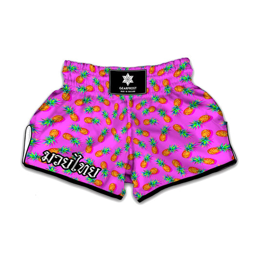 Hot Pink Pineapple Pattern Print Muay Thai Boxing Shorts