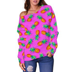Hot Pink Pineapple Pattern Print Off Shoulder Sweatshirt GearFrost