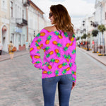 Hot Pink Pineapple Pattern Print Off Shoulder Sweatshirt GearFrost