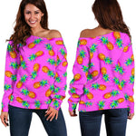 Hot Pink Pineapple Pattern Print Off Shoulder Sweatshirt GearFrost