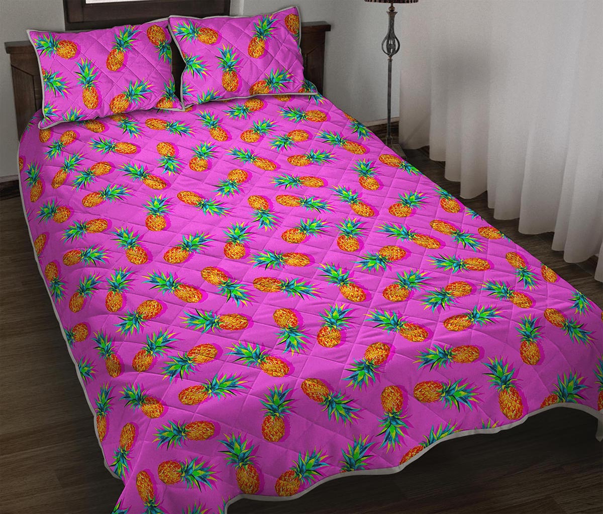 Hot Pink Pineapple Pattern Print Quilt Bed Set