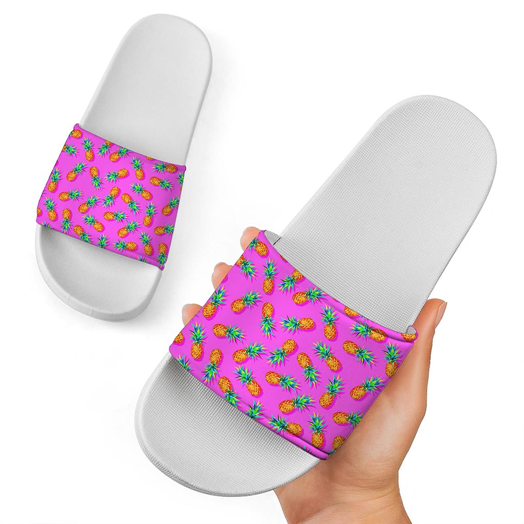 Hot Pink Pineapple Pattern Print White Slide Sandals