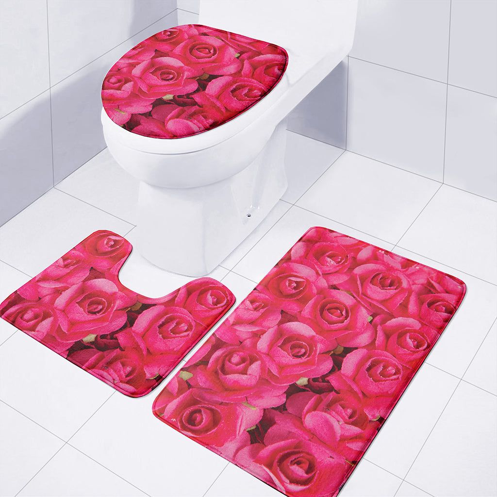 Hot Pink Rose Print 3 Piece Bath Mat Set