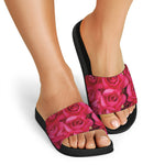 Hot Pink Rose Print Black Slide Sandals