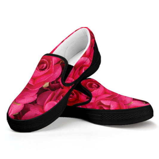 Hot Pink Rose Print Black Slip On Shoes
