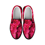 Hot Pink Rose Print Black Slip On Shoes