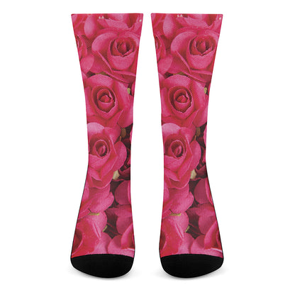 Hot Pink Rose Print Crew Socks