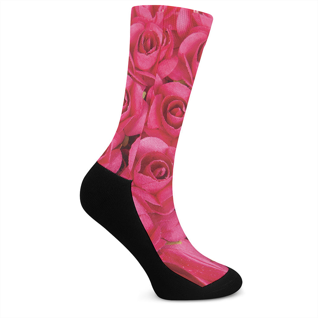 Hot Pink Rose Print Crew Socks