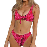 Hot Pink Rose Print Front Bow Tie Bikini