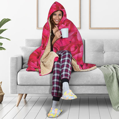 Hot Pink Rose Print Hooded Blanket