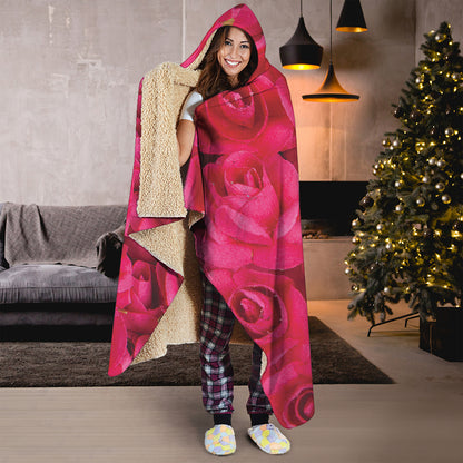 Hot Pink Rose Print Hooded Blanket