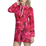 Hot Pink Rose Print Hoodie Dress
