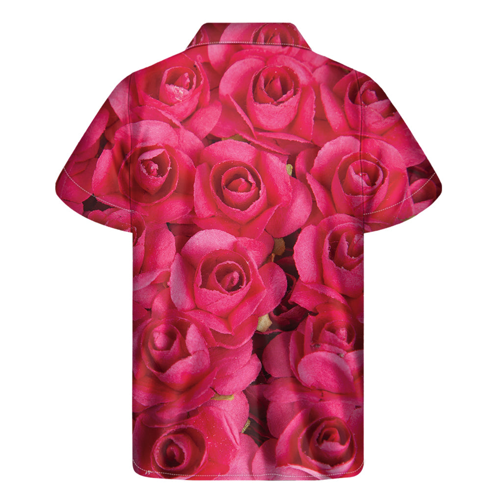 Hot Pink Rose Print Men's Short Sleeve Shirt