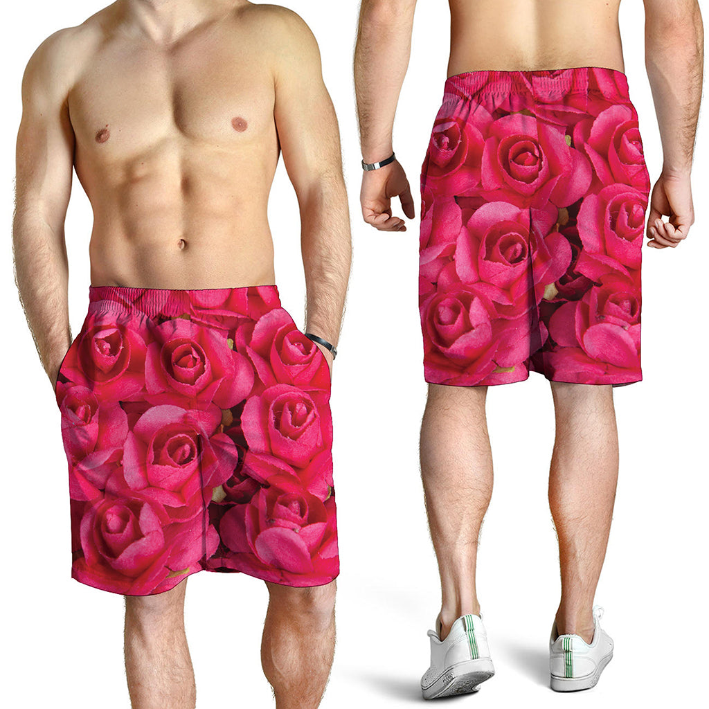 Hot Pink Rose Print Men's Shorts