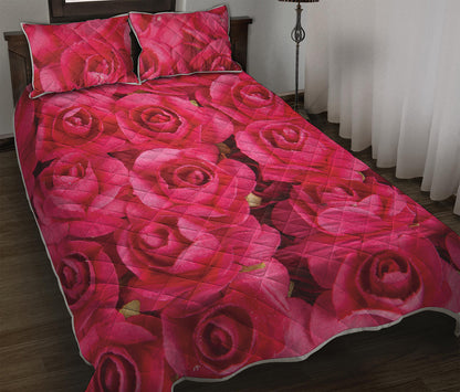 Hot Pink Rose Print Quilt Bed Set