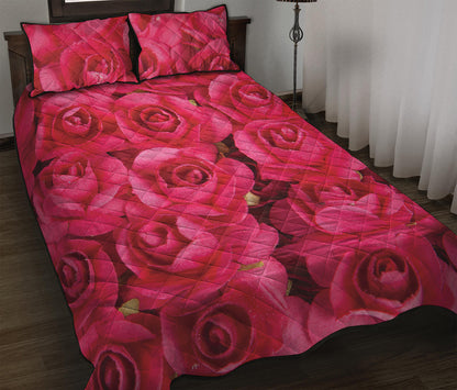 Hot Pink Rose Print Quilt Bed Set