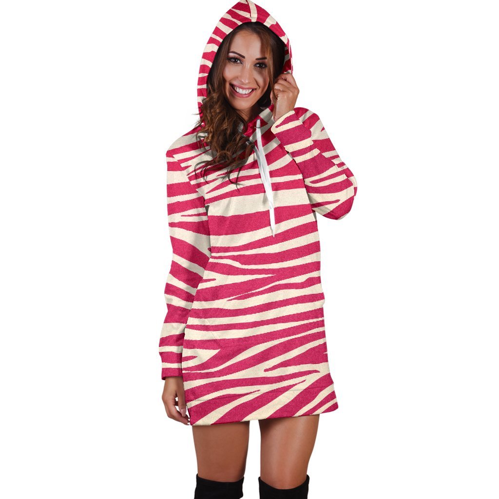 Hot Pink Zebra Pattern Print Hoodie Dress GearFrost