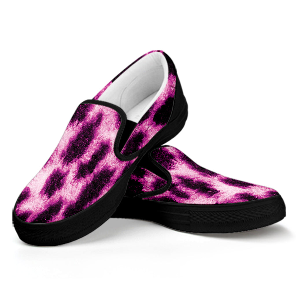 Hot Purple And Black Cheetah Print Black Slip On Shoes