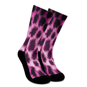 Hot Purple And Black Cheetah Print Crew Socks