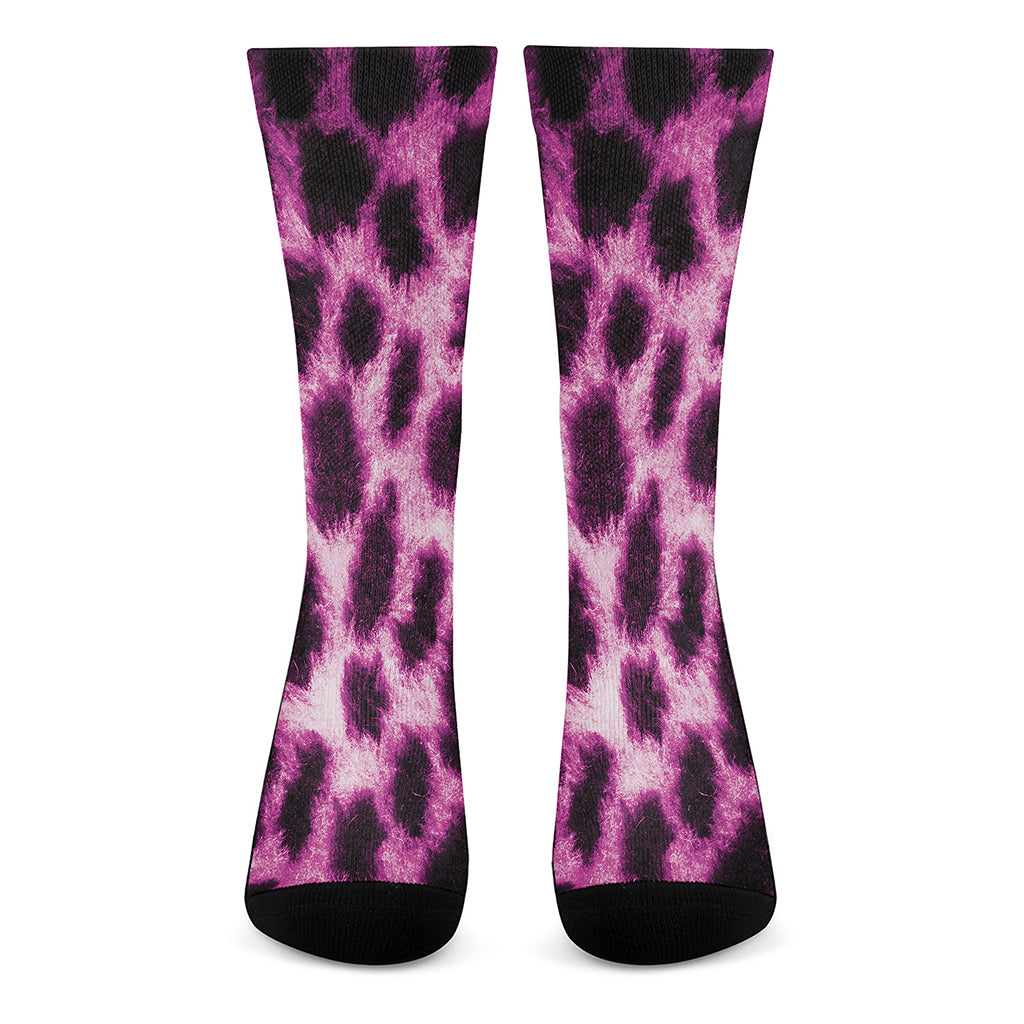 Hot Purple And Black Cheetah Print Crew Socks