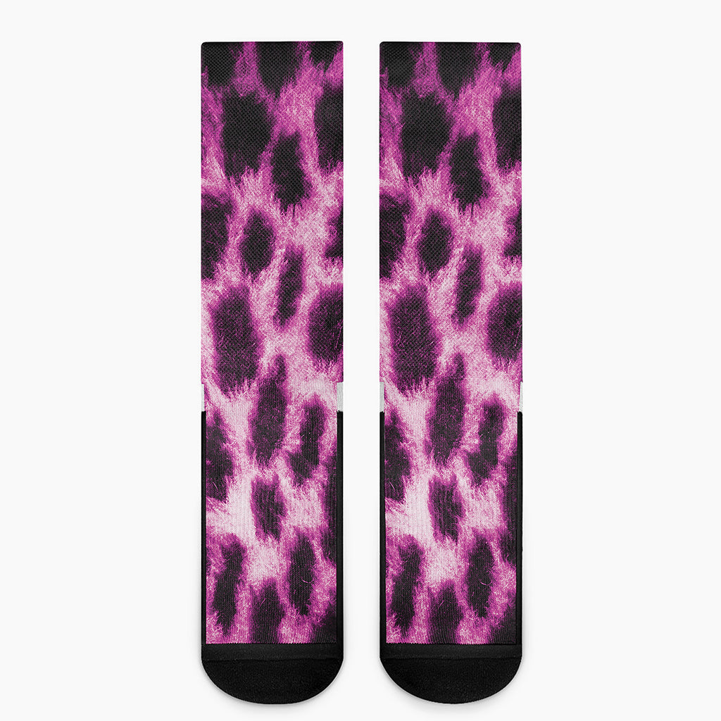 Hot Purple And Black Cheetah Print Crew Socks