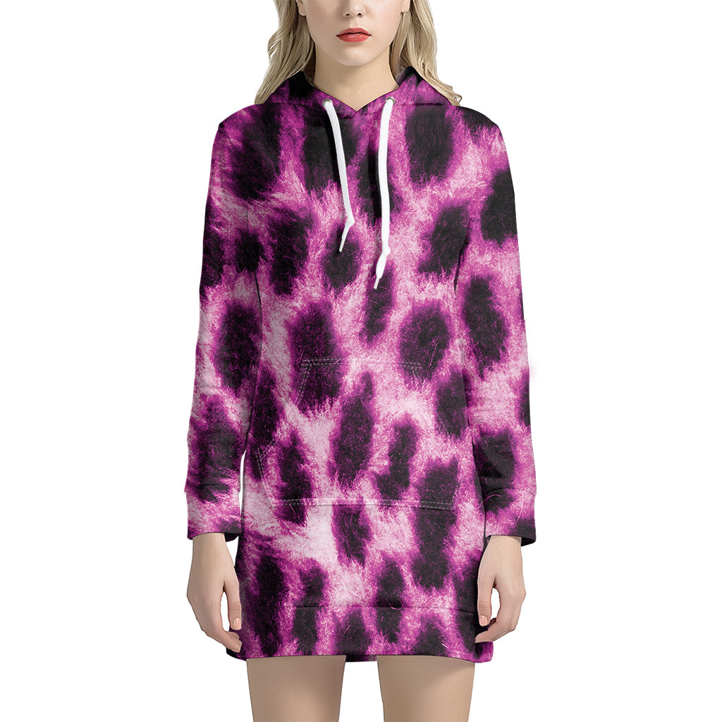 Hot Purple And Black Cheetah Print Hoodie Dress