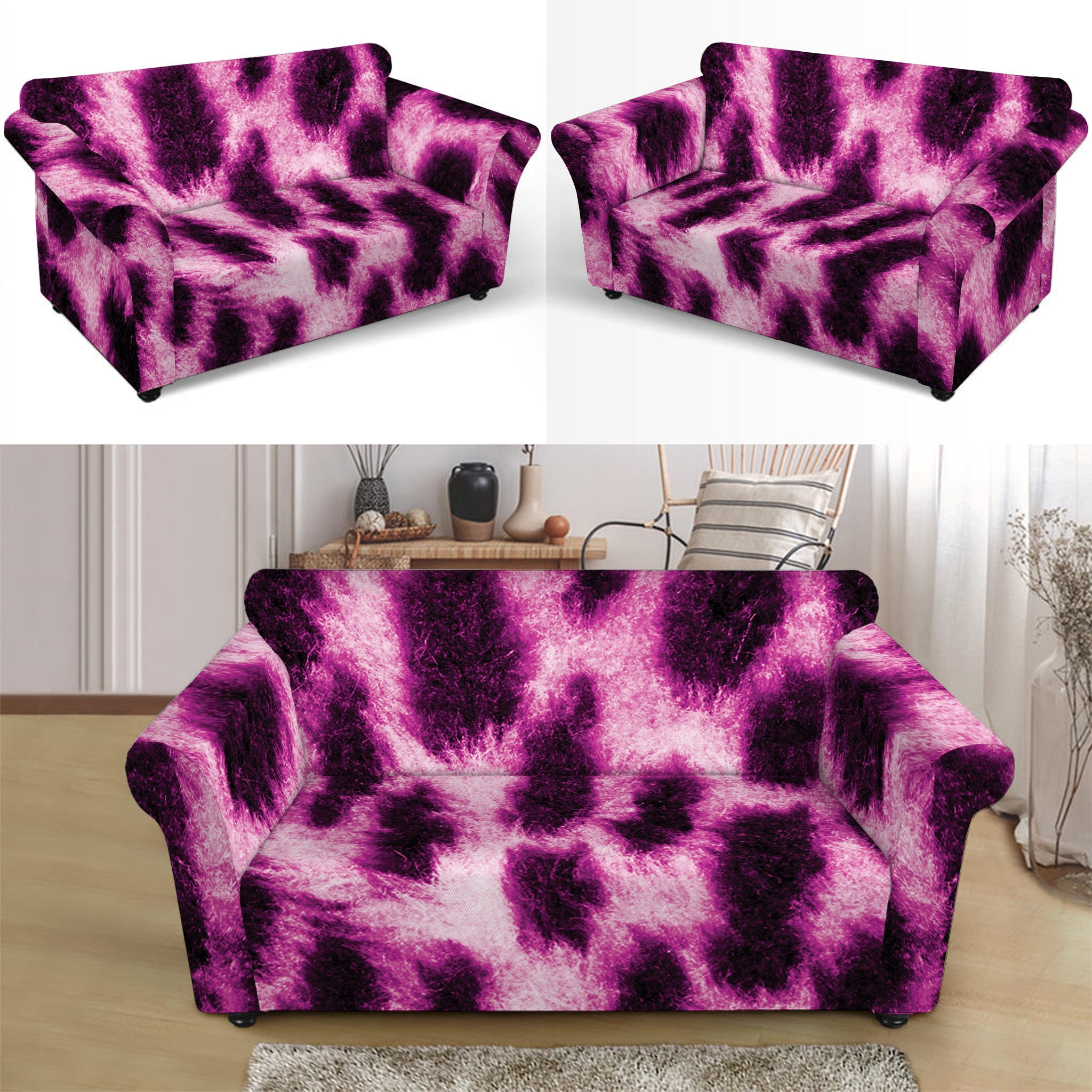 Hot Purple And Black Cheetah Print Loveseat Slipcover