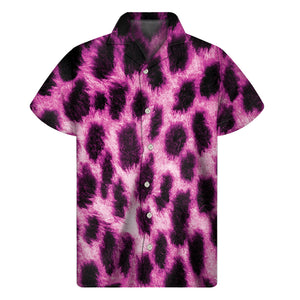 Hot Purple And Black Cheetah Print Men's Short Sleeve Shirt