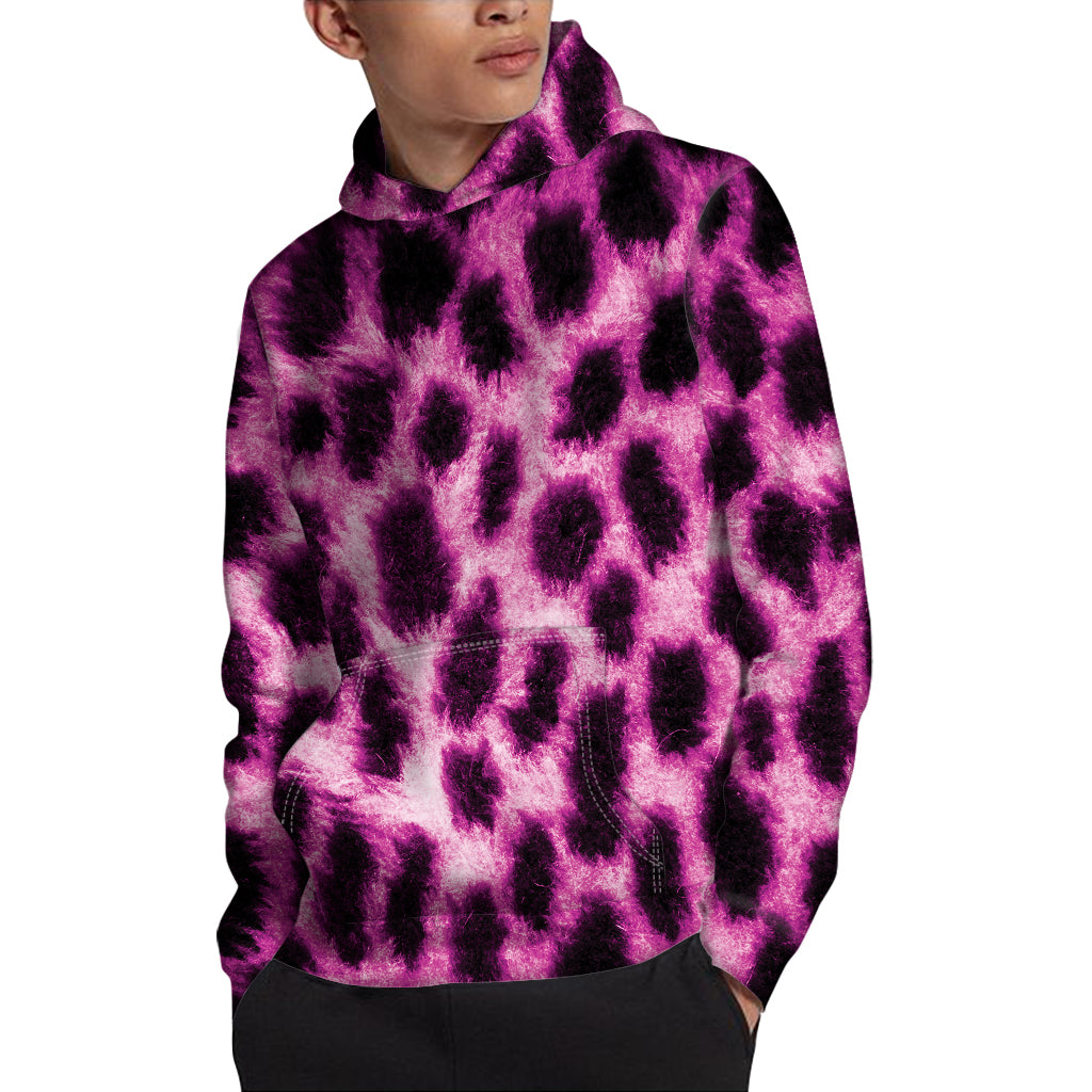 Hot Purple And Black Cheetah Print Pullover Hoodie