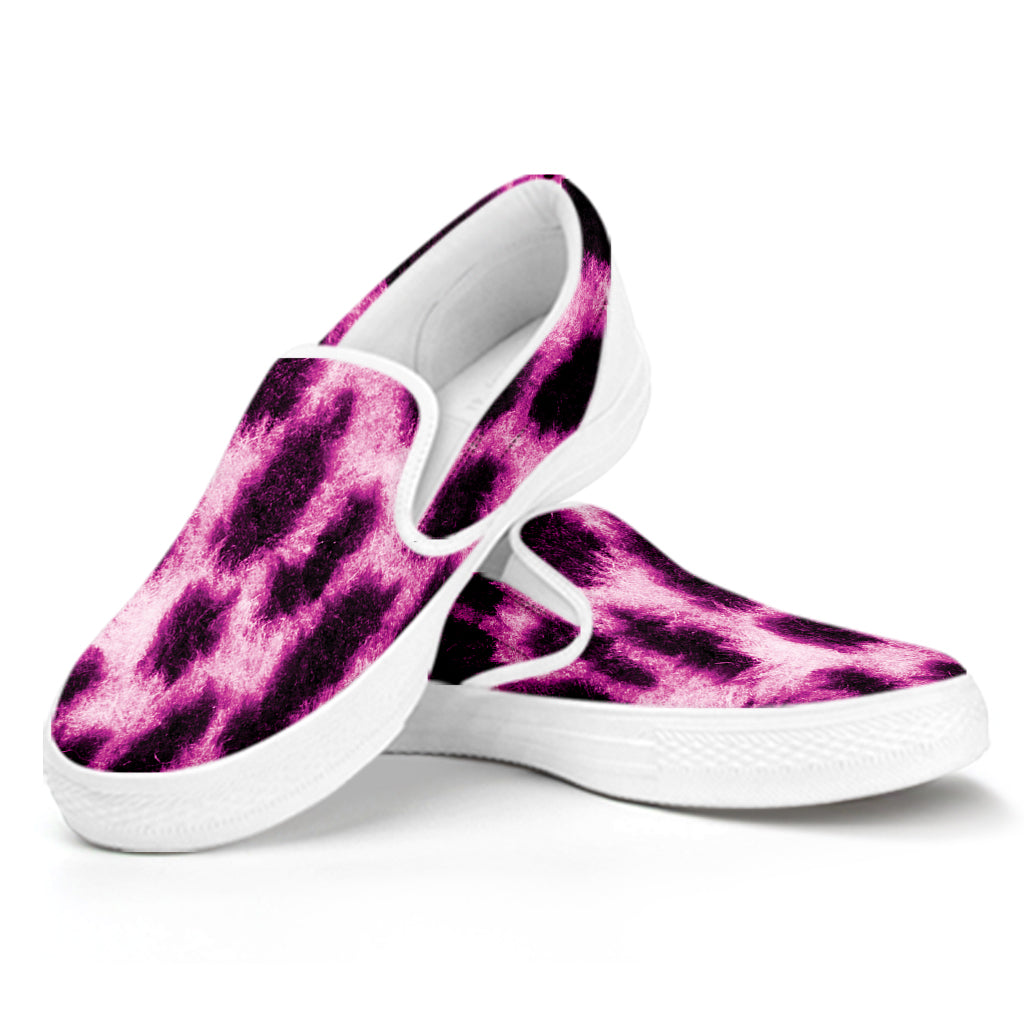 Hot Purple And Black Cheetah Print White Slip On Shoes