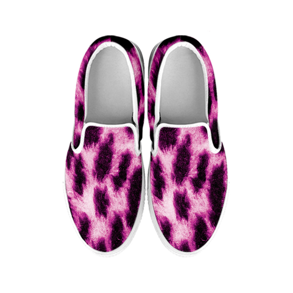 Hot Purple And Black Cheetah Print White Slip On Shoes