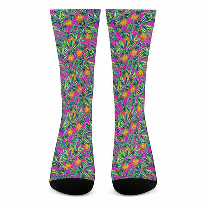 Hot Purple Pineapple Pattern Print Crew Socks
