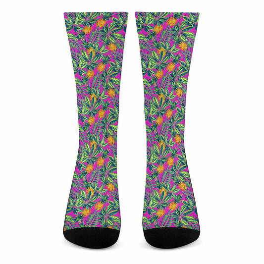 Hot Purple Pineapple Pattern Print Crew Socks