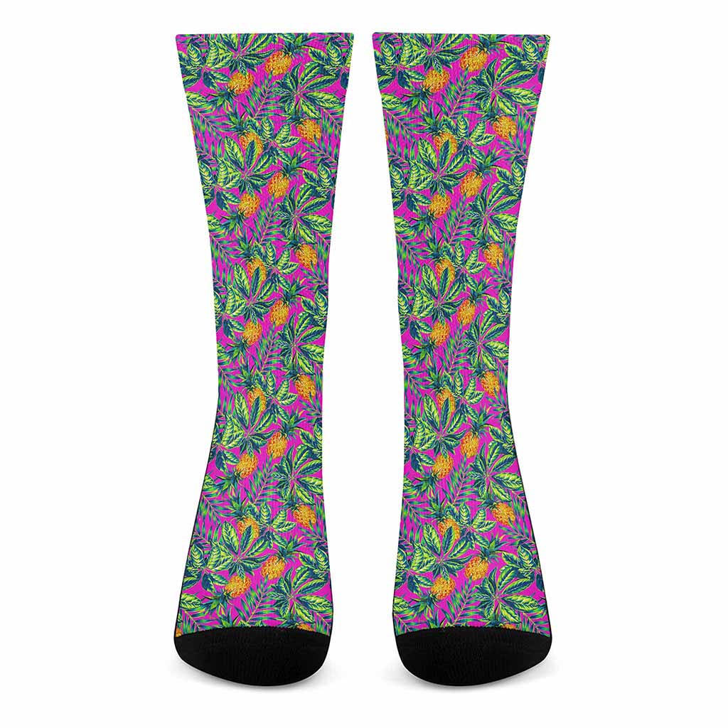 Hot Purple Pineapple Pattern Print Crew Socks