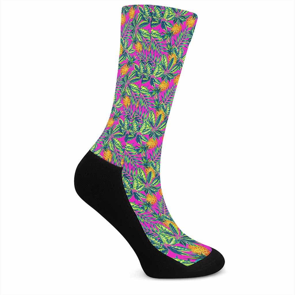 Hot Purple Pineapple Pattern Print Crew Socks