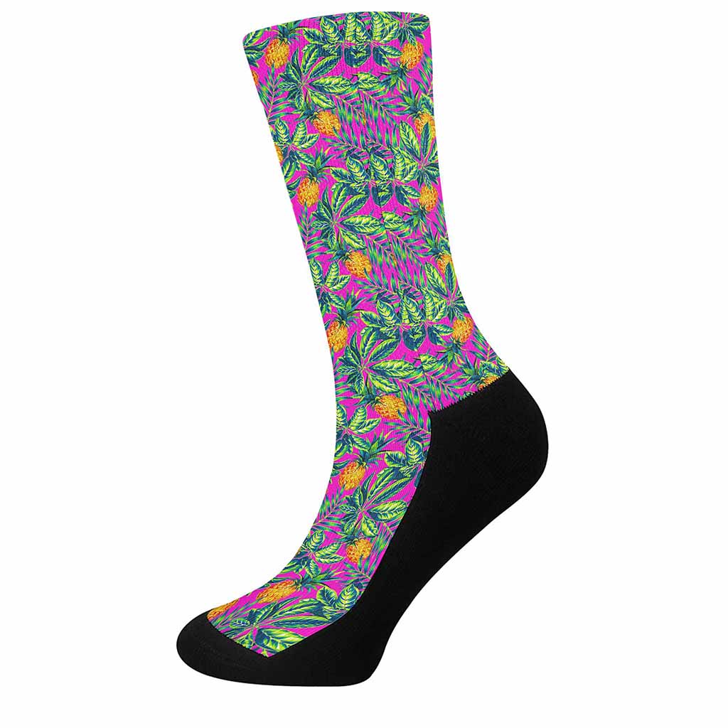 Hot Purple Pineapple Pattern Print Crew Socks