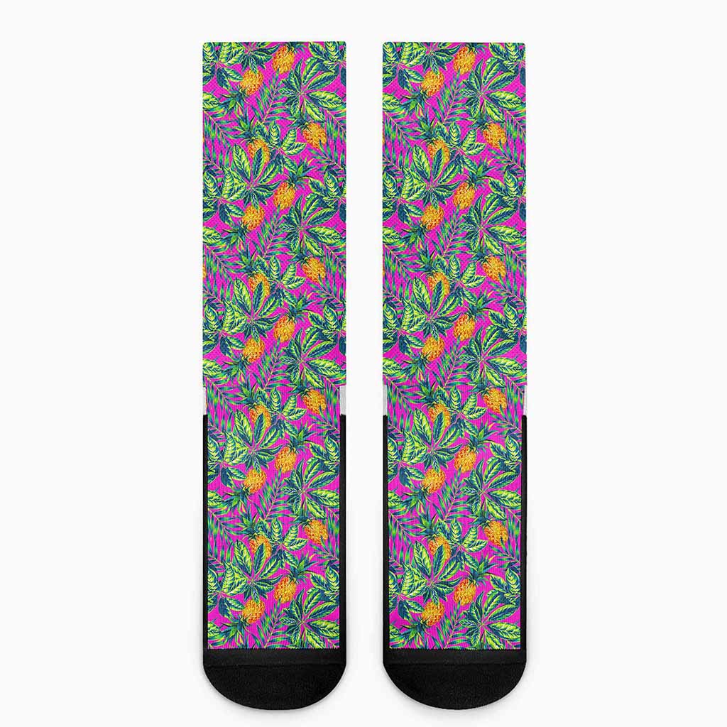 Hot Purple Pineapple Pattern Print Crew Socks