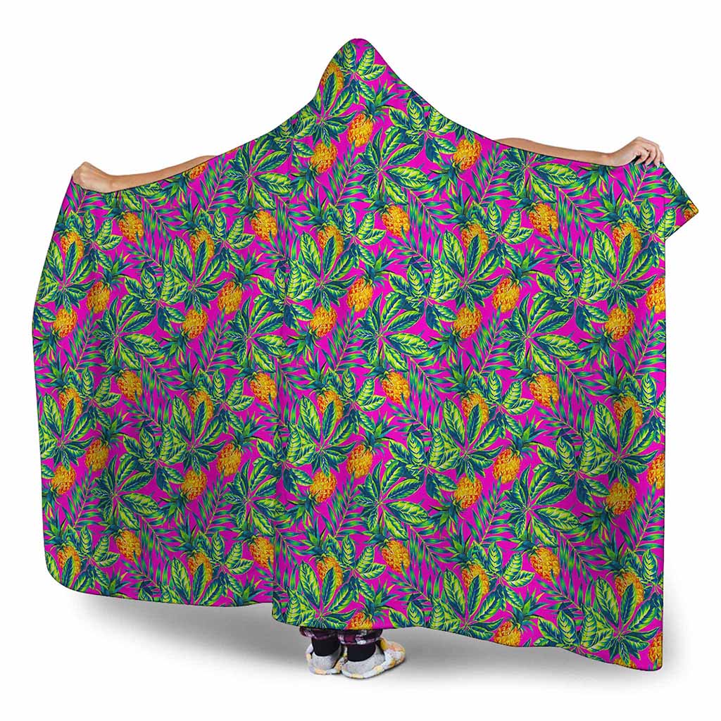 Hot Purple Pineapple Pattern Print Hooded Blanket